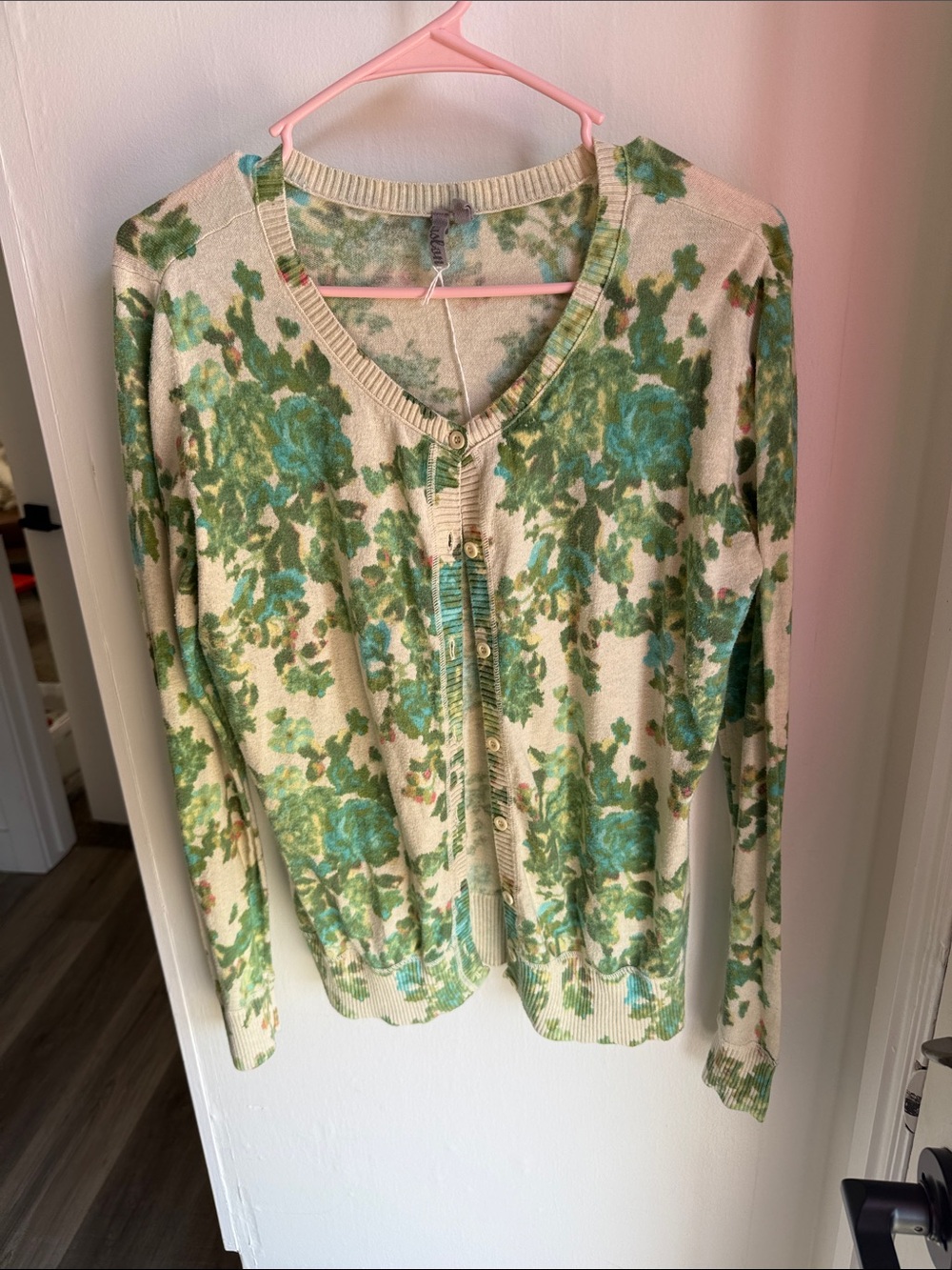Floral V-Neck Button Cardigan - Green Floral on Cream
